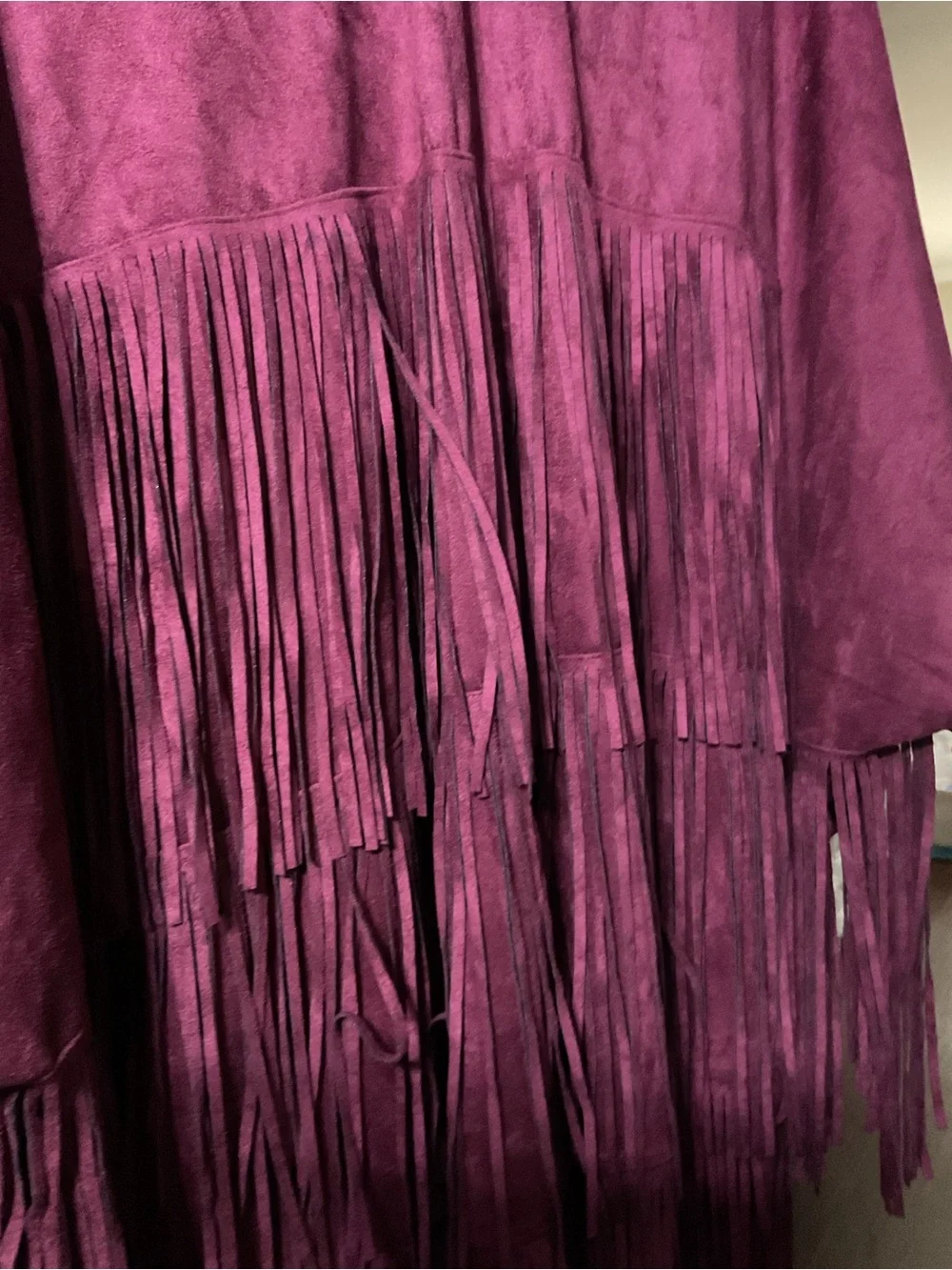 Berry Suede Fringe Jacket poncho with dolman sleeve
